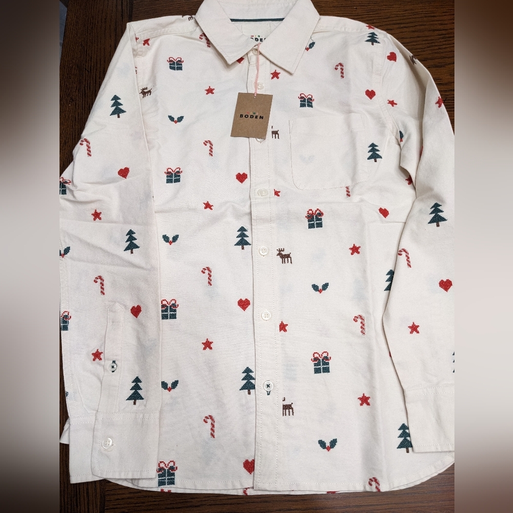 Mini Boden Festive Embroidered Christmas Shirt Size 13-14 Nwt